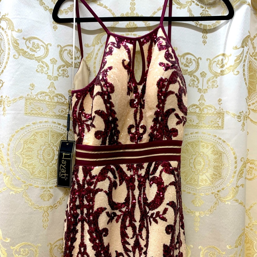 Long, backless evening dress.